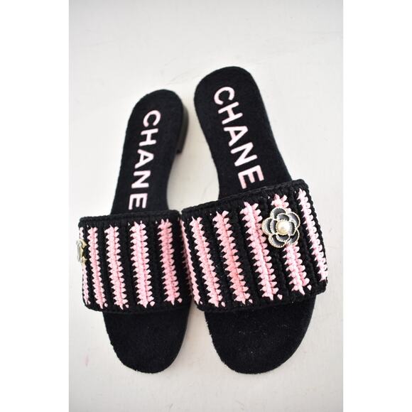 Chanel 24M Black Pink Crochet Stripe Camellia Flower Logo Mule Slide Sandal 39 - Picture 16 of 16